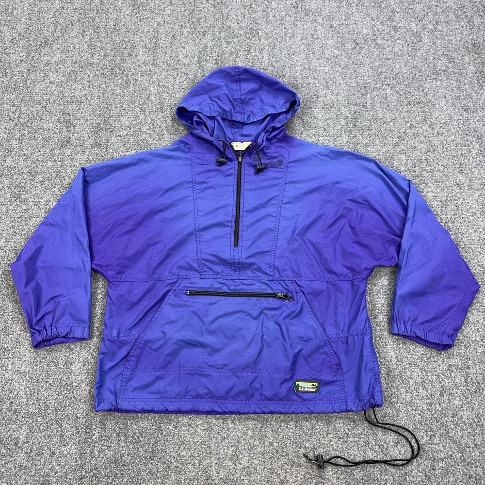 Vintage LL Bean Jacket Womens L Purple 1/2 Zip Hooded Nylon Windbreaker Anorak